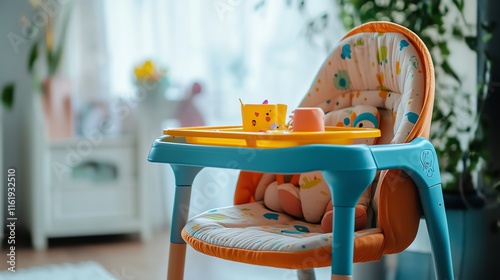 Colorful high chair with toys in a bright, cozy environment