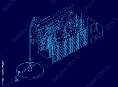 Blue drawing of a pump jack. The drawing is of a pump jack that is in the process of pumping oil. The drawing is very detailed and shows the different parts of the pump jack