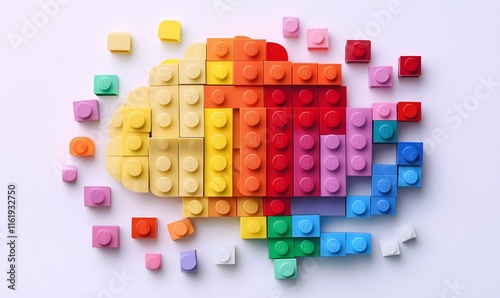 Colorful plastic blocks forming a brain shape on white background.