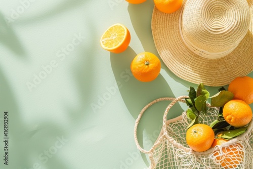 Summer flat lay with straw hat, glass of water and orange fruit in eco shopping bag. Green background with palm leaf shadow, sun and sunlight. Vacation, holiday, summer creative minimal concept photo