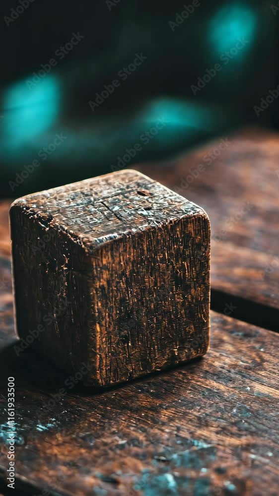 Rustic wooden block on a weathered table with a blurred background in a warm-toned setting