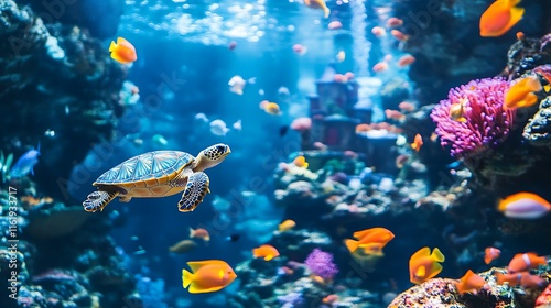 Sea Turtle Swimming in Vibrant Coral Reef Habitat