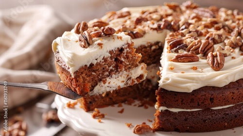 Delicious slice of carrot cake with cream cheese frosting and pecans. photo