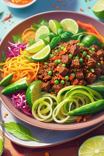 A colorful plate of lawar, Balinese mixed vegetables and minced meat, beautifully garnished with lime leaves. photo