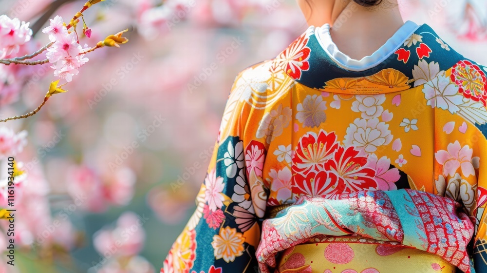 Obraz premium Woman in colorful kimono, back view, cherry blossoms.