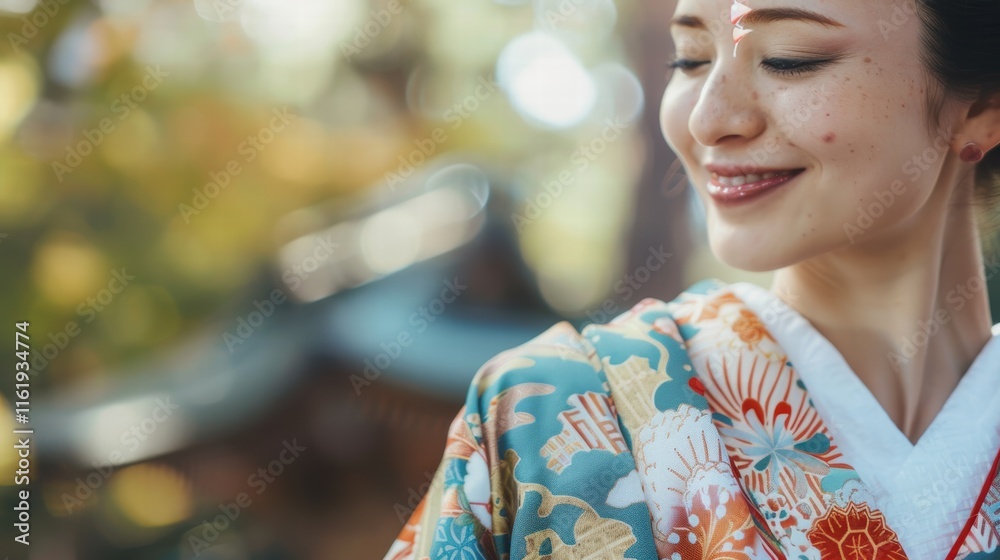 Smiling woman in traditional Japanese kimono. Smiling woman in traditional Japanese kimono.