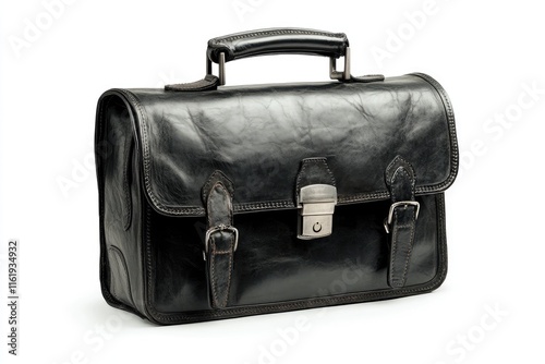 Elegant black leather briefcase closing with silver buckles on white background