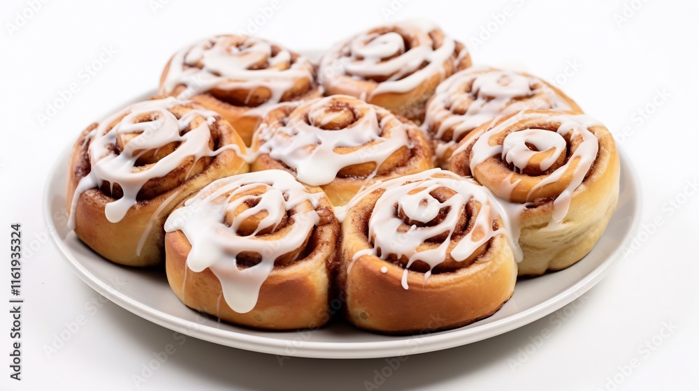Mouthwatering freshly baked cinnamon rolls with a generous swirl of creamy icing on a simple white background These warm fluffy pastries are a classic breakfast or dessert treat Mouthwatering freshly baked cinnamon rolls with a generous swirl of creamy icing on a simple white background These warm fluffy pastries are a classic breakfast or dessert treat