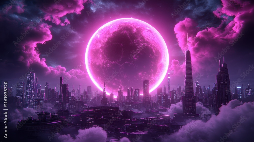 Massive glowing pink moon rising above a futuristic city skyline with clouds Massive glowing pink moon rising above a futuristic city skyline with clouds