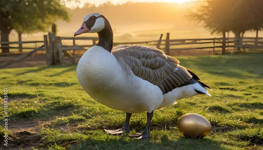 Fototapeta premium Golden Goose Sunrise: A Serene Farm Scene