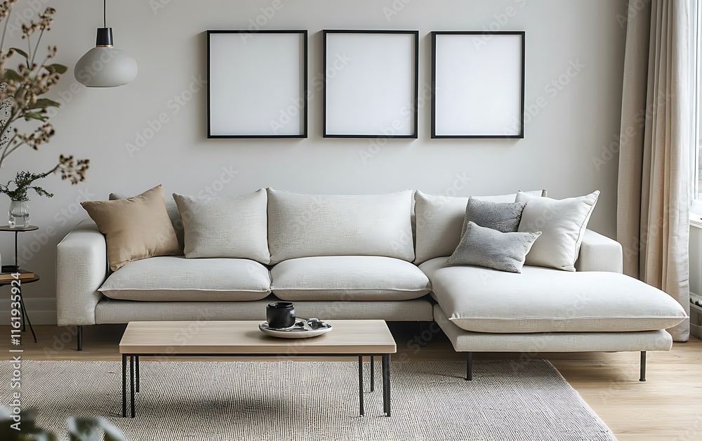 Fototapeta premium Modern minimalist living room interior with a beige sectional sofa, wooden coffee table, and three empty frames on the wall.