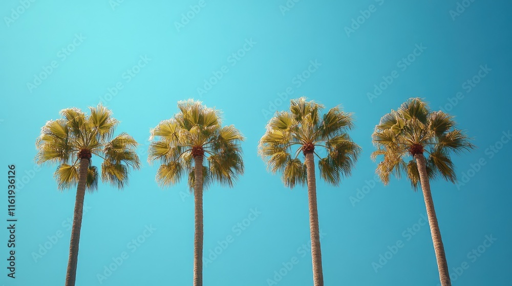 Obraz premium Four palm trees reaching for the vibrant blue sky