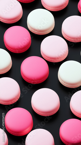 Rows of macarons, light pink and vanilla flavours,. photo