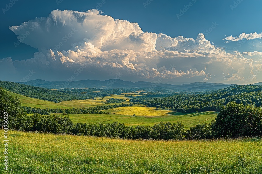 Obraz premium Breathtaking summer landscape with rolling hills and dramatic cloudscape
