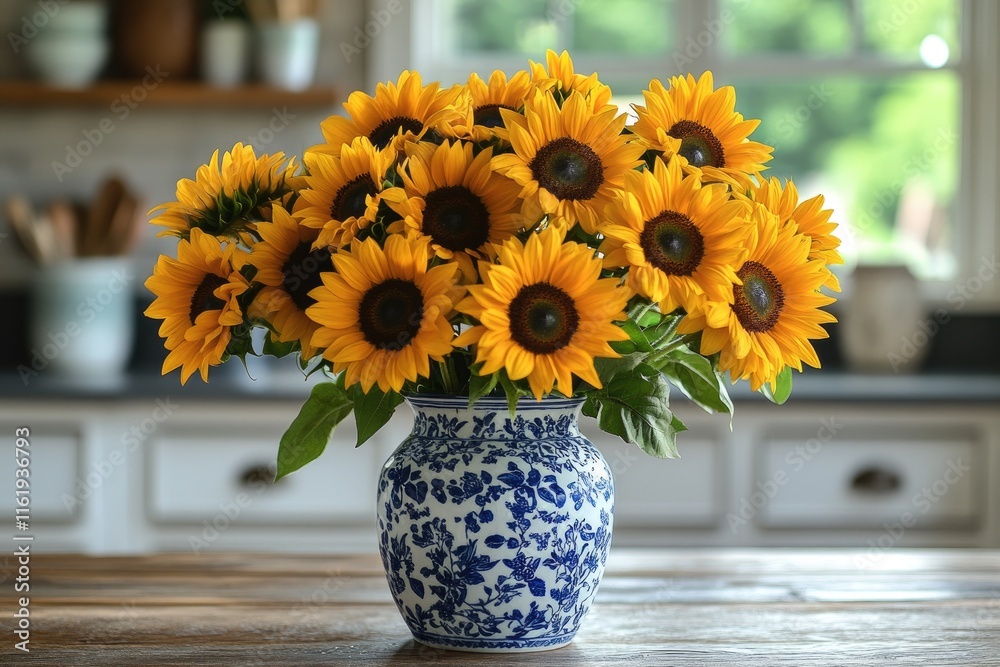 Sunflowers bouquet illuminating rustic kitchen: vibrant floral arrangement in blue and white vase Sunflowers bouquet illuminating rustic kitchen: vibrant floral arrangement in blue and white vase