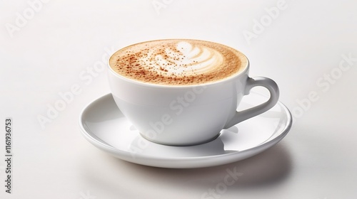 Freshly brewed frothy cappuccino in a white ceramic cup with a matching saucer set against a clean bright white background  This cozy