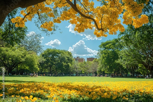 Fototapeta Naklejka Na Ścianę i Meble -  Blooming yellow flowers covering the ground in a beautiful city park