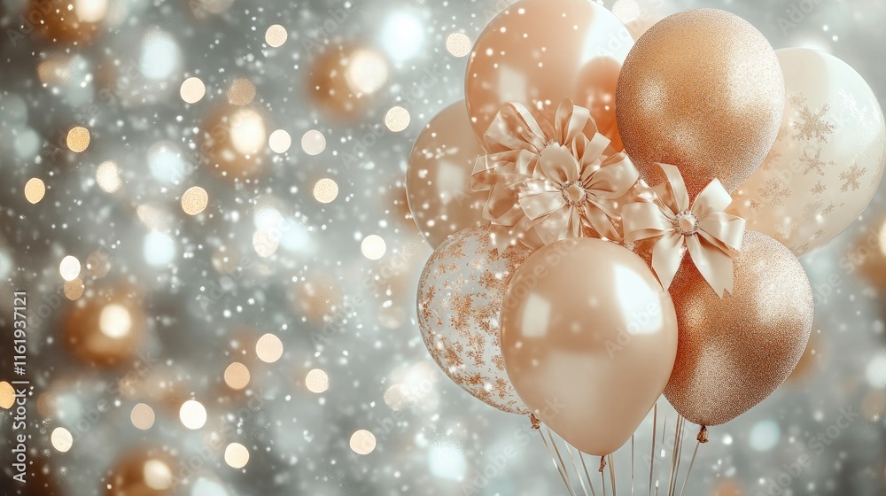 Elegant gold balloons floating on a sparkling festive background Elegant gold balloons floating on a sparkling festive background