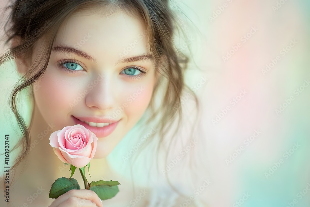 close-up of joyful young woman holding single pink rose and looking directly at camera against softly blurred pastel close-up of joyful young woman holding single pink rose and looking directly at camera against softly blurred pastel
