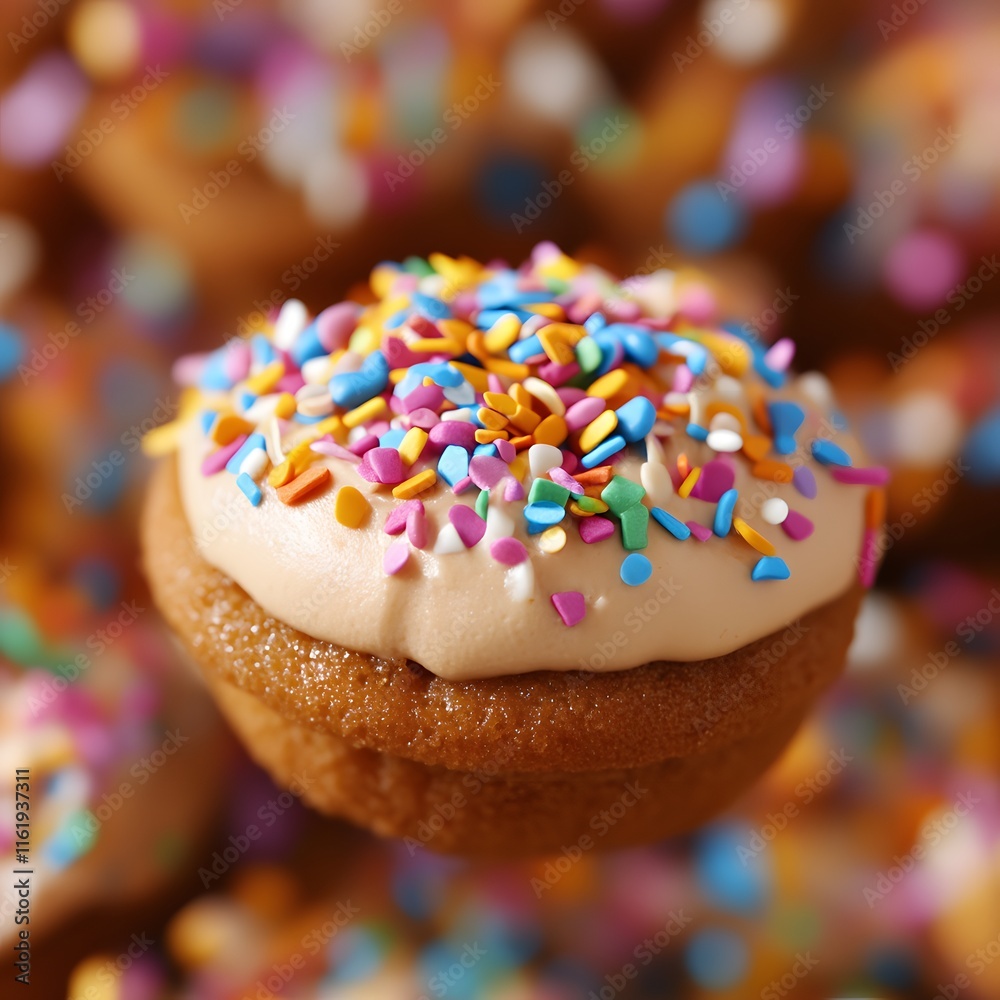 A single, delicious donut with tan frosting and rainbow sprinkles floats in the air above a blurred background of similar donuts. A single, delicious donut with tan frosting and rainbow sprinkles floats in the air above a blurred background of similar donuts.
