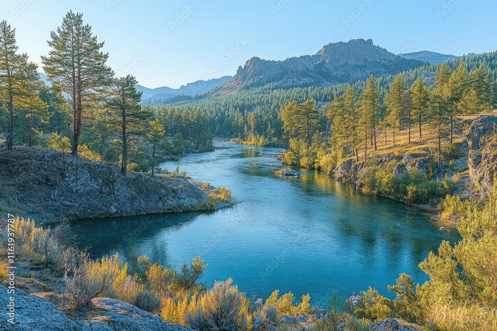 Fototapeta premium Spokane river flowing through evergreen forest in riverside state park at sunset