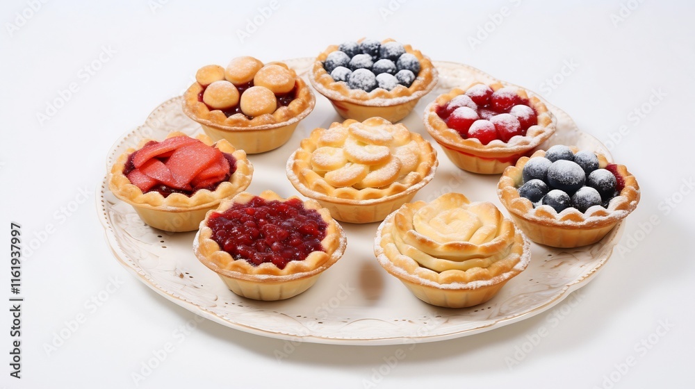 An elegant arrangement of delectable mini fruit pies including a variety of flavors and colors displayed on a clean white background An elegant arrangement of delectable mini fruit pies including a variety of flavors and colors displayed on a clean white background