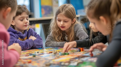 Young children gather around a colorful board game, strategizing and cheering on each other in a fun-filled activity at a community center