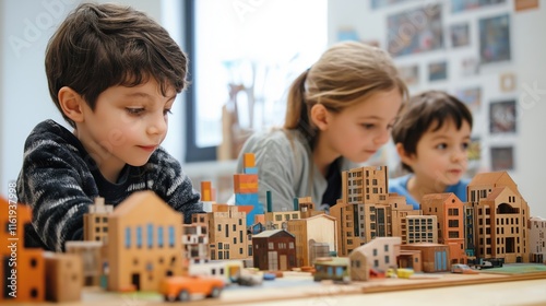 Children immerse themselves in an imaginative project, crafting a vibrant miniature city from colorful blocks and models in class