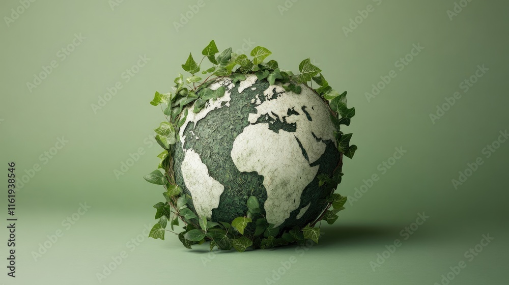 Eco-Friendly Globe Surrounded by Green Ivy on Soft Green Background Eco-Friendly Globe Surrounded by Green Ivy on Soft Green Background