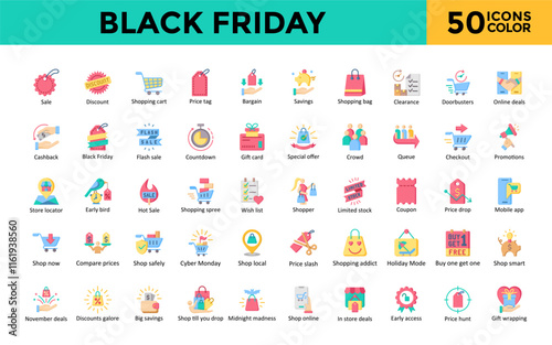 Black Friday icon set with sale, discount, shopping cart, price tag, bargain, savings, shopping bag, clearance, doorbusters, online deals icon. Simple flat color vector 
