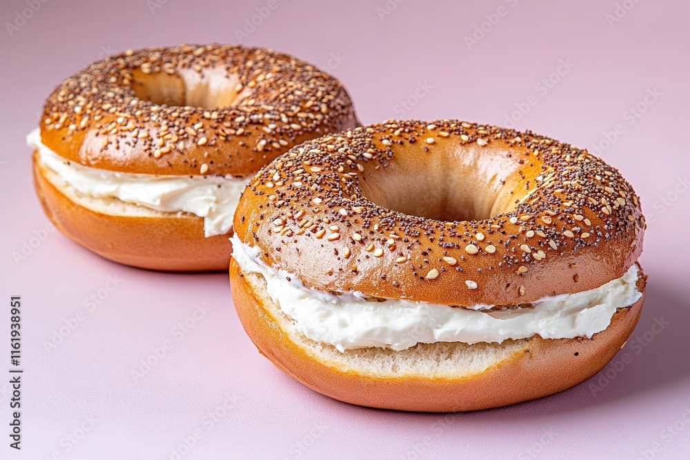 neatly sliced bagel with cream cheese placed on soft lavender surface under diffused natural light neatly sliced bagel with cream cheese placed on soft lavender surface under diffused natural light