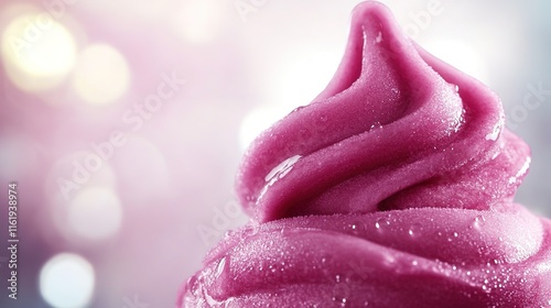 perfectly swirled raspberry sorbet with tiny droplets of condensation under bright directional lighting photo