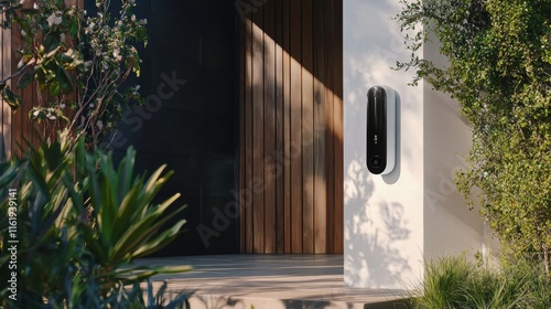 A sleek, modern smart doorbell installed next to a stylish entrance, surrounded by greenery and natural light.