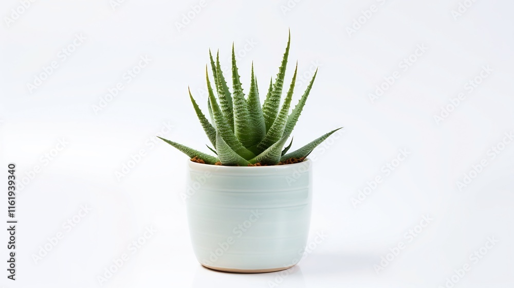Closeup of a small lush aloe vera plant growing in a simple white ceramic pot set against a clean white background Closeup of a small lush aloe vera plant growing in a simple white ceramic pot set against a clean white background