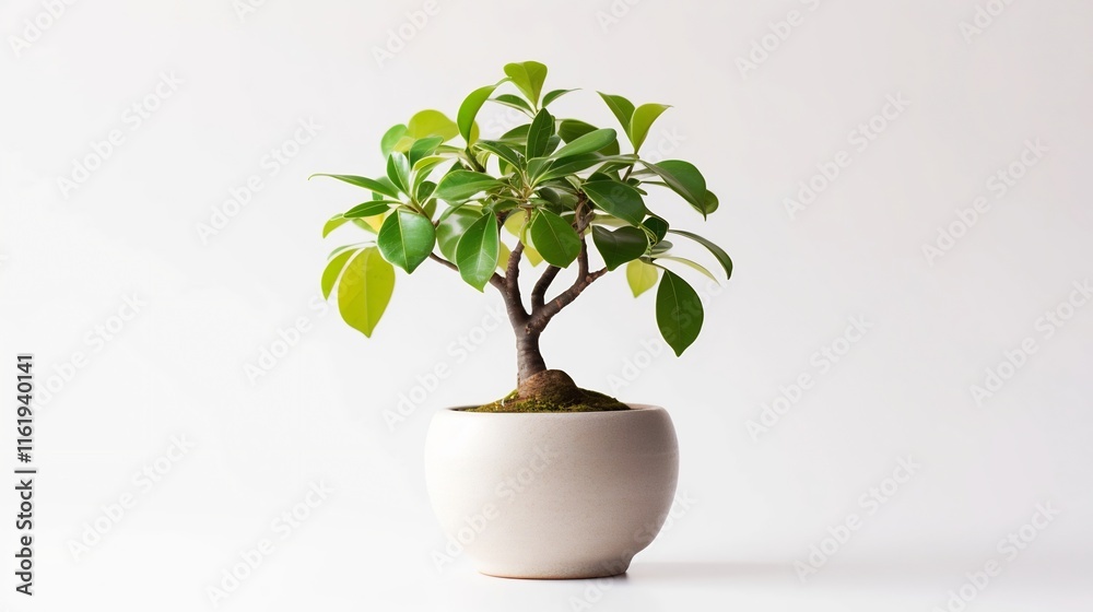 A small lush ficus tree thriving in a beautifully textured ceramic pot set against a clean white background for a minimalist calming vignette A small lush ficus tree thriving in a beautifully textured ceramic pot set against a clean white background for a minimalist calming vignette