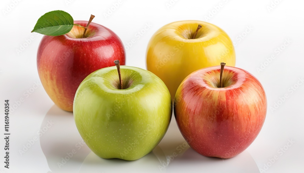 Ripe juicy red apples with leaves on white background Ripe juicy red apples with leaves on white background