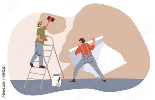 House renovation, plastering of walls. Workers level the drywall to obtain an even surface, apply putty, carry out repair work. Flat vector illustration, hand drawing.