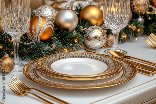 Glamorous Christmas Dining Table with Crystal Glasses, Gold Trimmed Plates, and Lush Garland Centerpiece Filled with Ornaments photo