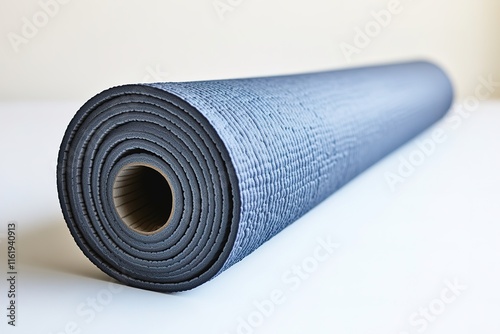 rolled-up yoga mat rests on white surface with generous empty space around it photo