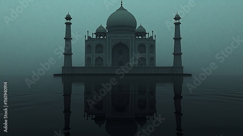 Taj Mahal reflected in murky water, foggy day. photo