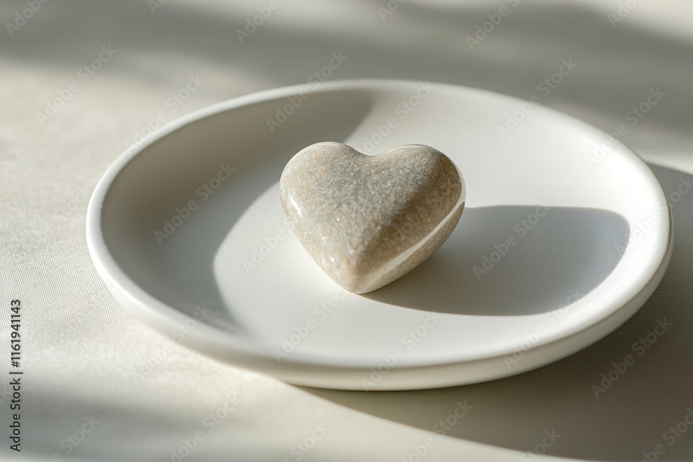 single heart-shaped stone displayed on smooth white ceramic plate under diffused natural light single heart-shaped stone displayed on smooth white ceramic plate under diffused natural light