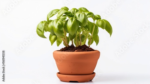 Close up of a healthy lush and vibrant dwarf basil plant growing in a rustic terracotta pot set against a plain white background showcasing the plant s fresh green leaves and natural beauty photo