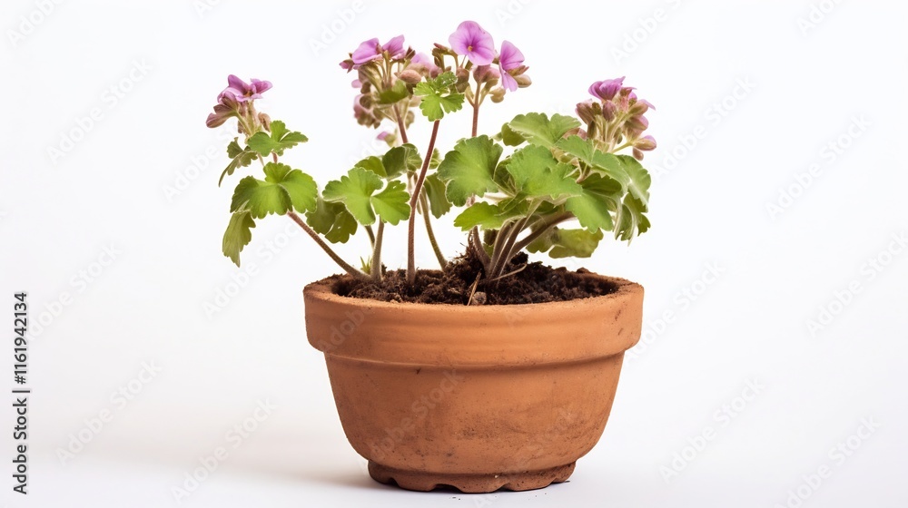 Lush and Vibrant Geranium Plant in a Rustic Terracotta Pot Placed on a Clean White Background Showcasing the Beauty of Simple Natural Elements Lush and Vibrant Geranium Plant in a Rustic Terracotta Pot Placed on a Clean White Background Showcasing the Beauty of Simple Natural Elements