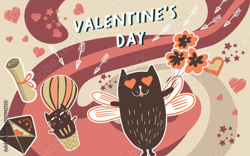 Collage, banner, background, valentine's day, love, love story, kitties, cats in love, animals, hand drawn vector.