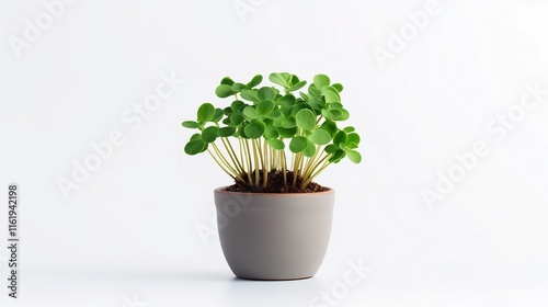 Closeup of a small fresh clover plant in a simple white pot against a clean bright white background  Minimalist natural and calming botanical imagery