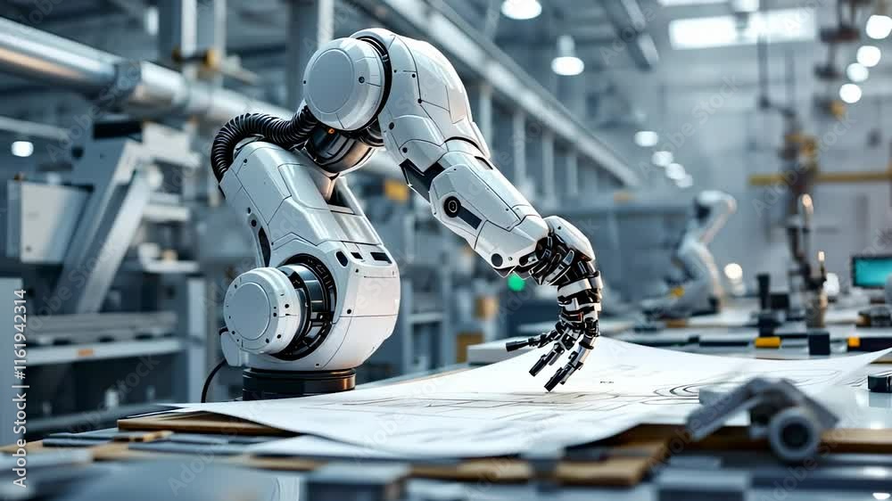 A robotic arm assembling components in a high-tech industrial environment