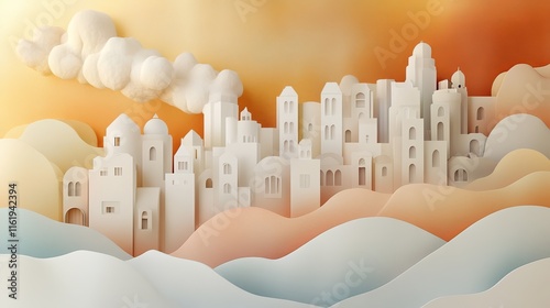 A serene paper art landscape featuring a dreamy white city with gentle waves and a soft orange sky. photo