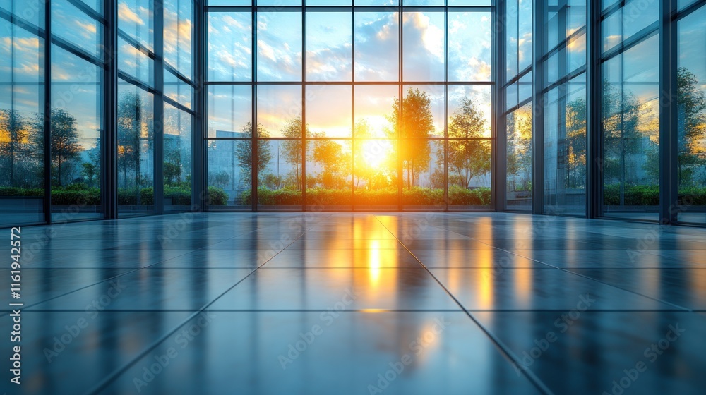 Sunset view through large glass windows in a modern building's interior. Sunset view through large glass windows in a modern building's interior.