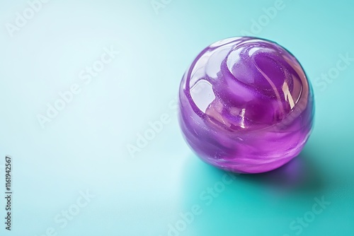 glossy candy with vibrant purple coating resting on clean turquoise background under diffused studio light photo