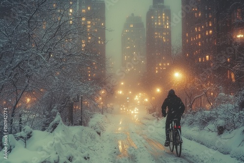 Serene Winter Morning in New York City with Snowy Streets and a Bicyclist Gliding Through the Quiet Neighborhood Amidst Gleaming Lights and Frosted Trees